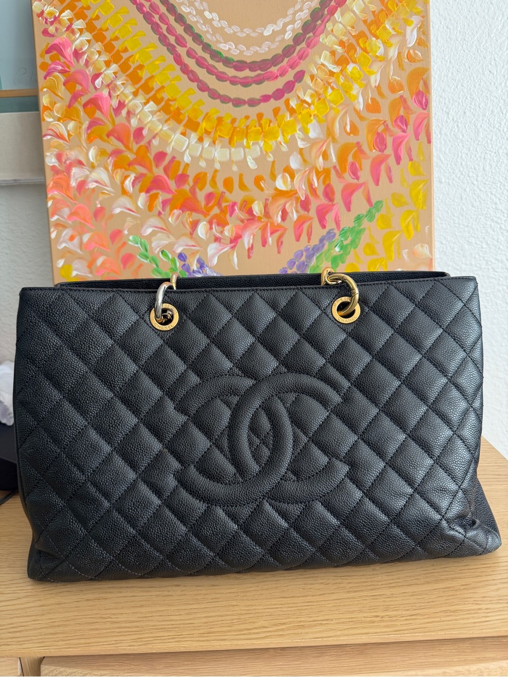 CHANEL Black Quilted Caviar Leather Shoulder Bag with Gold Hardware